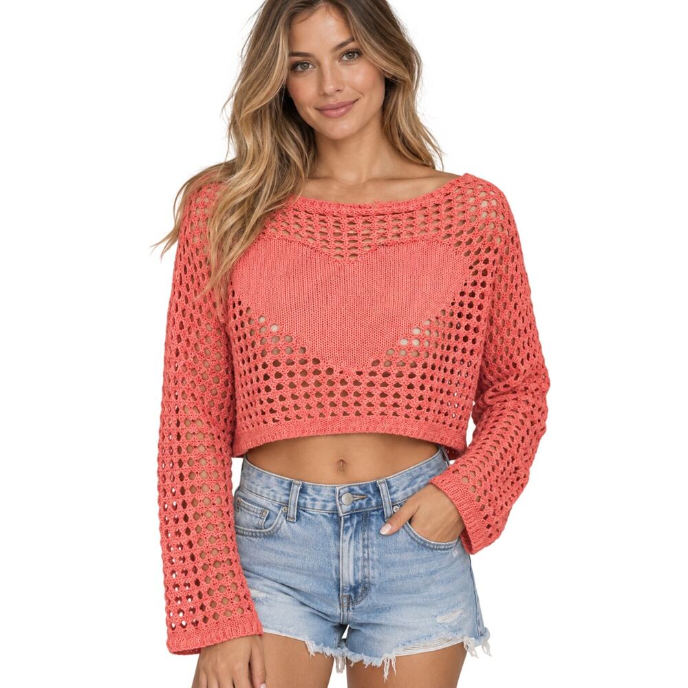 Vintage y2k see through knit hot pink heart fish net cropped valentines top L
